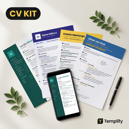 Templify CV Kit: printed CV templates and a phone showing a CV in the Word app